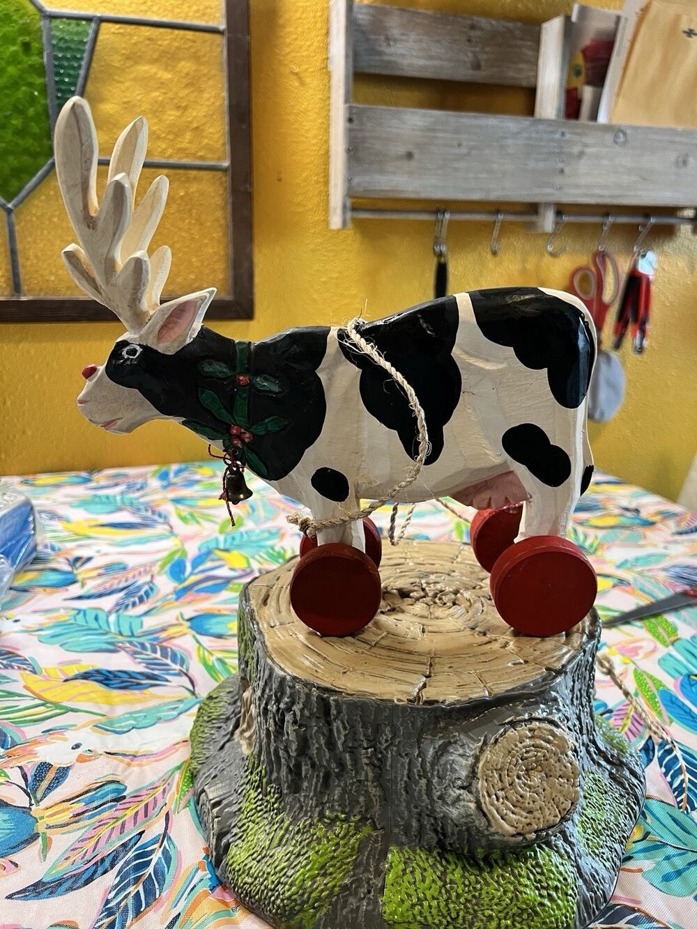 Vintage Wooden Christmas Cow Reindeer Pull Toy Folk Art Philippines Holiday
